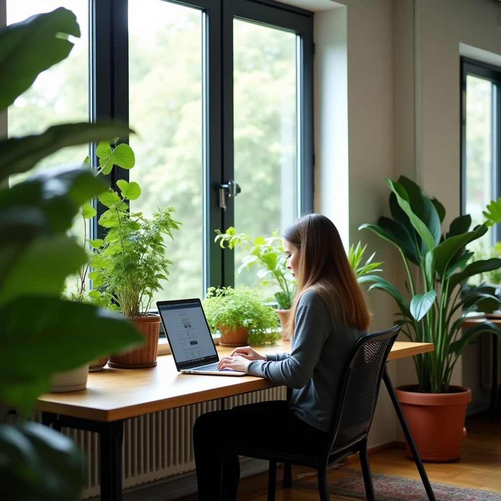 Un freelancer trabajando desde un espacio de coworking con vistas a la naturaleza