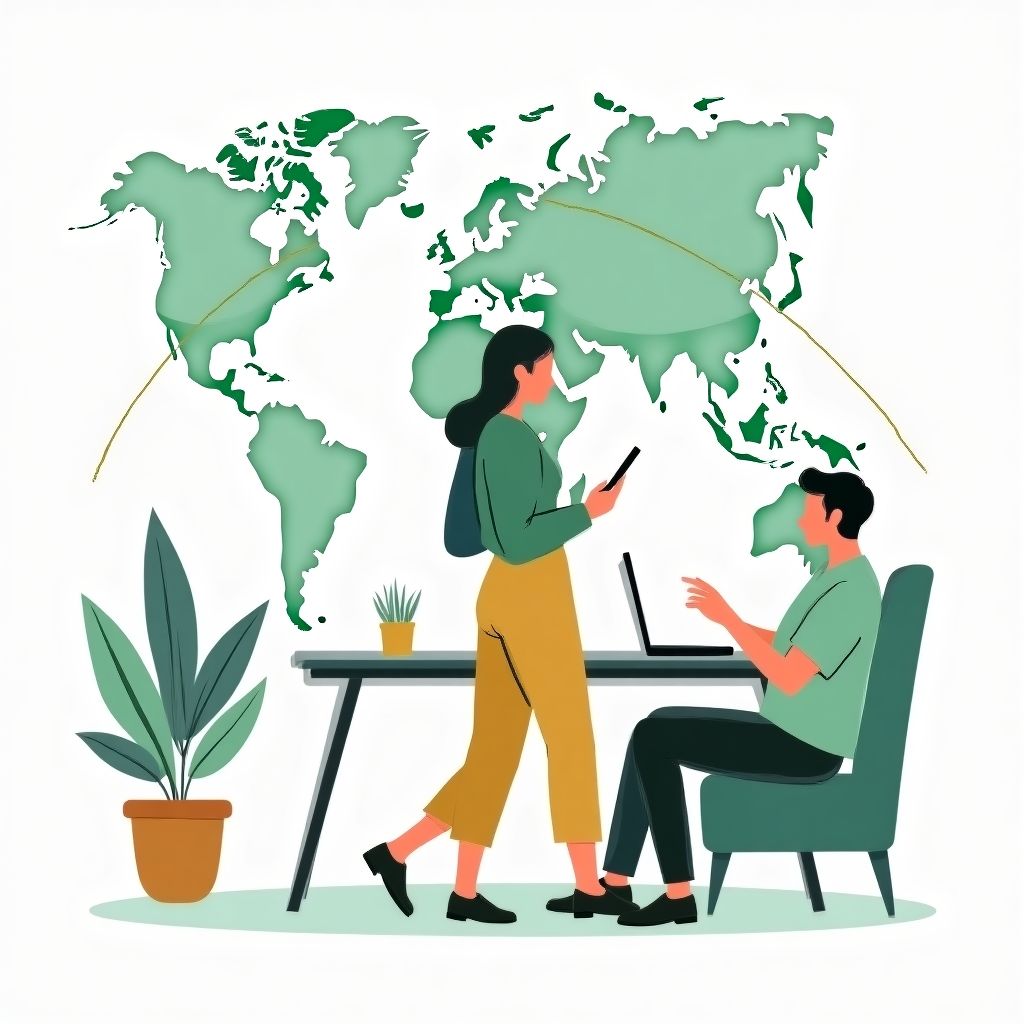 Ilustración de una persona trabajando en un portátil con conexiones globales de fondo